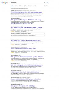 Ansicht der Google-Suche für den Begriff "SEO Agentur".