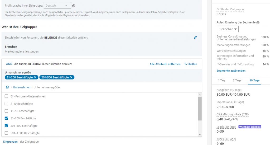 (Targeting auf LinkedIn immer nach der Unternehmensgröße ausrichten)