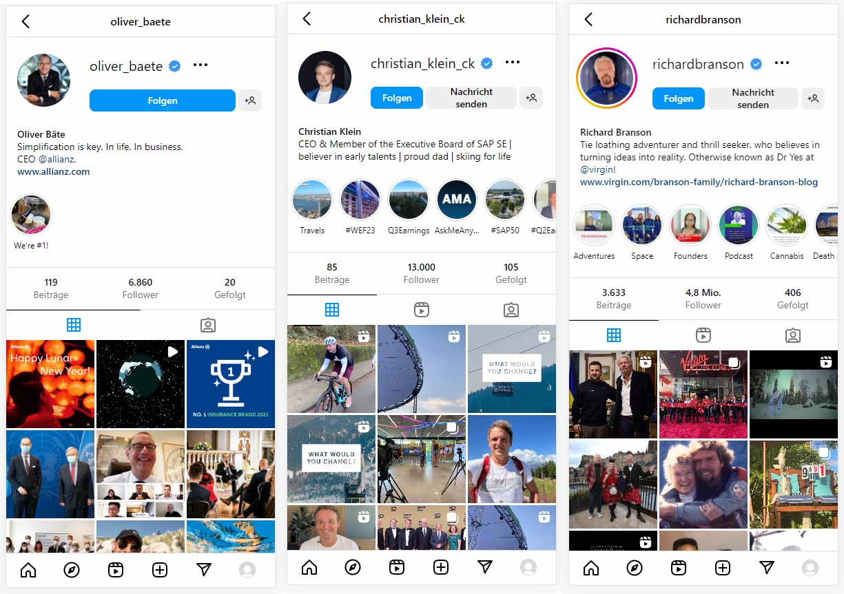 Egal ob CEO Oliver Bäte von der Allianz, CEO Christian Klein von der SAP oder Richard Branson, CEO der riesengroßen britischen Virgin Group (u.a. Fluglinie & britischer Mobilfunk-Anbieter): Sie alle haben eines gemeinsam - sie sind auf Social Media aktiv und posten dort nicht nur über ihr "Business", sondern auch privates.