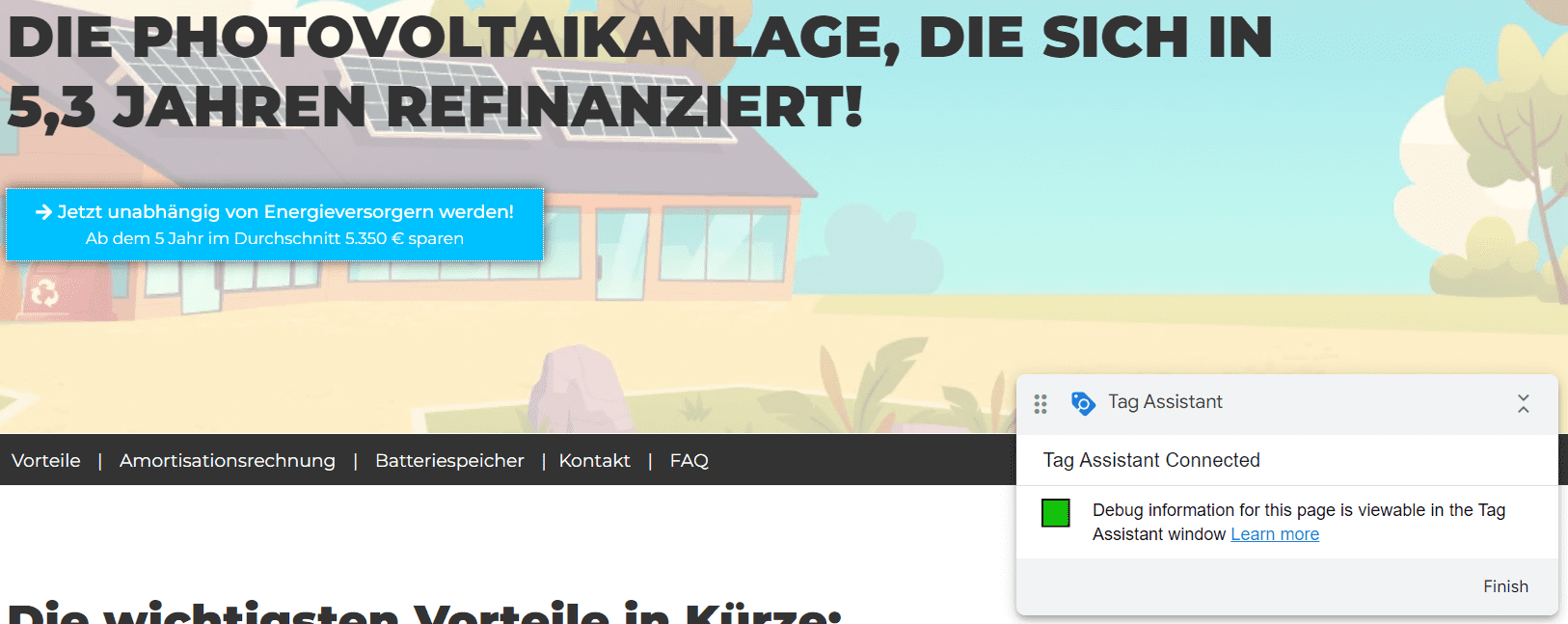 Unsere Seite im Debug-Modus geöffnet. Nun kann getestet werden, z.B. indem ein vorher getaggter Button auch getrackt wird, wenn dieser angeklickt wird.
