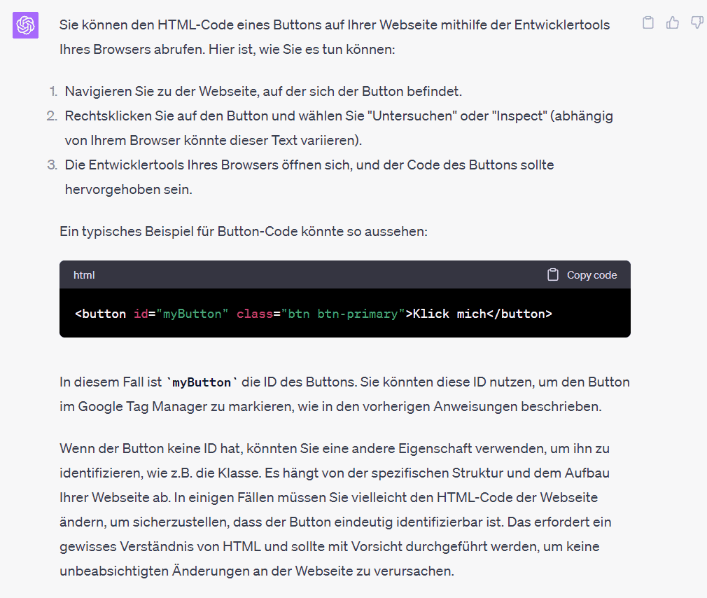 Button HTML-Code für die Einrichtung in Google Tag Manager (Output von ChatGPT)