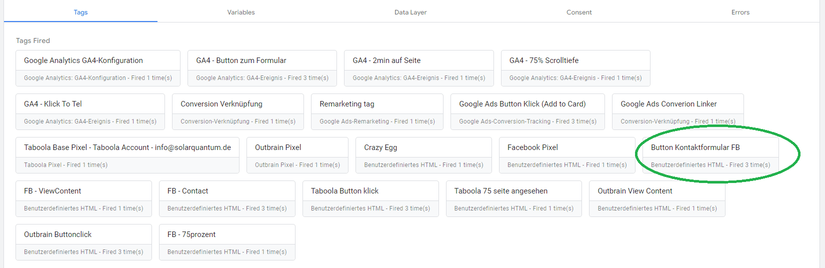 Gesamtansicht des Google Ad Manager Debug Menus. Der Button "Fired 3 times" zeigt, dass wir den Button auf der Debug-Vorschauseite (siehe oben) 3 mal angeklickt haben.