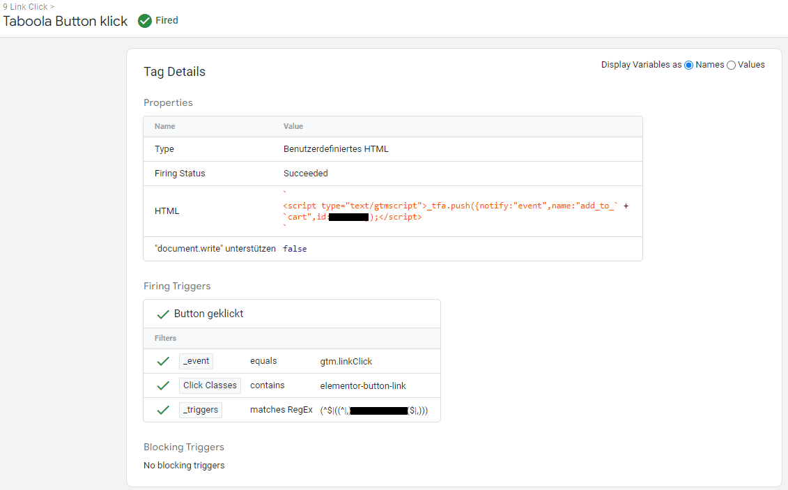 Ansicht aus dem Tag Manager Debug Menu. Hier kann getestet werden, ob die zuvor eingerichteten Trigger auch erfasst werden. Oben links "Fired" bedeutet, dass das Event Button Click erfolgreich vom Tag Manager erfasst wurde.
